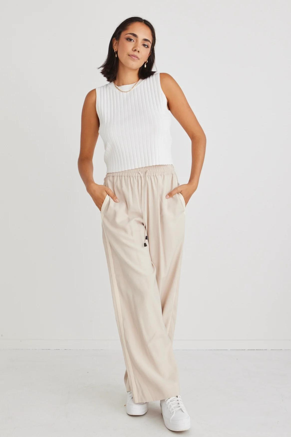 ASOS DESIGN wide leg side stripe pants in cream