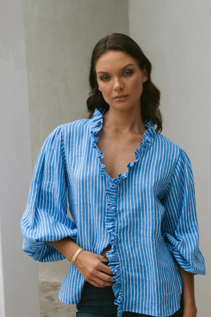 Olive Ruffle Shirt | Ocean Stripe