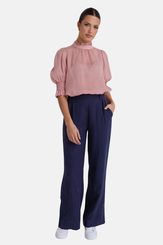 Bestow Navy Linen Elastic Back Wide Leg Pants