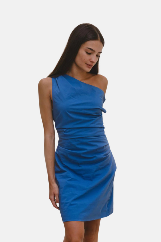 Secrets Lake Blue Off Shoulder Tuck Mini Dress