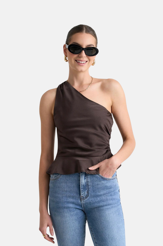 Fairytale Espresso Satin One Shoulder Top