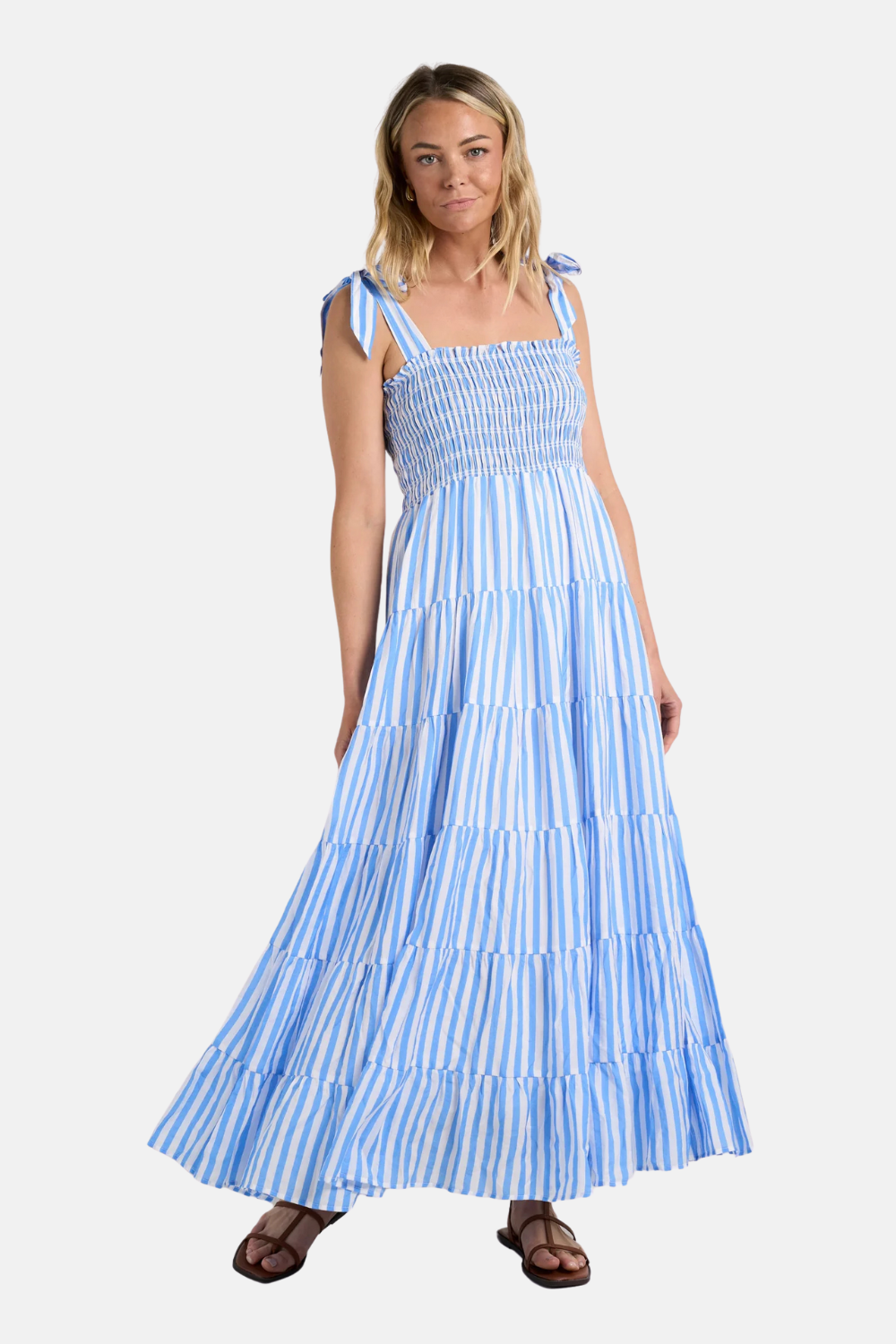 Isabella Blue White Stripe Strappy Tiered Maxi Dress