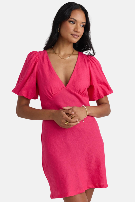 Amour Hot Pink Linen Bubble Sleeve Mini Dress