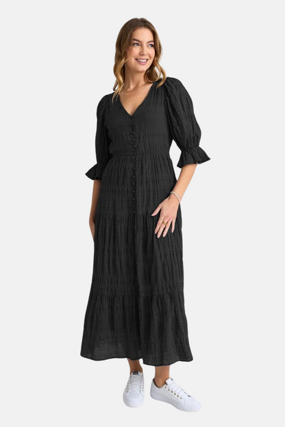 Dreamy Black Bubble SS Button Front Tiered Maxi Dress