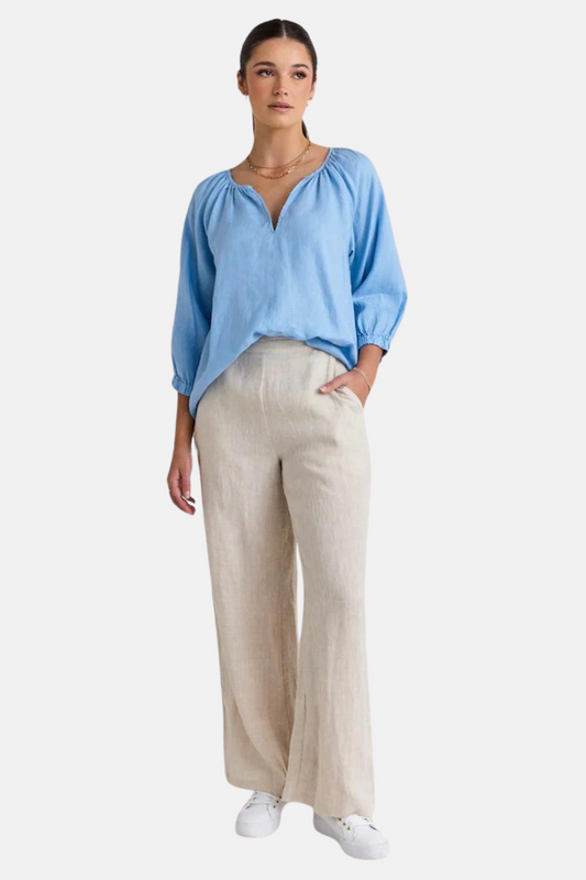 Revolutionary Lake Blue Linen Relaxed LS Top