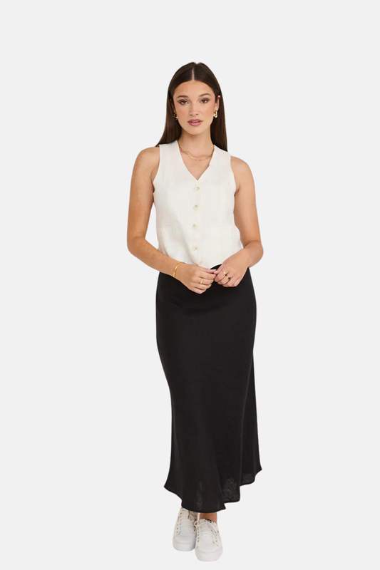 Bliss Black Linen Bias Midi Skirt