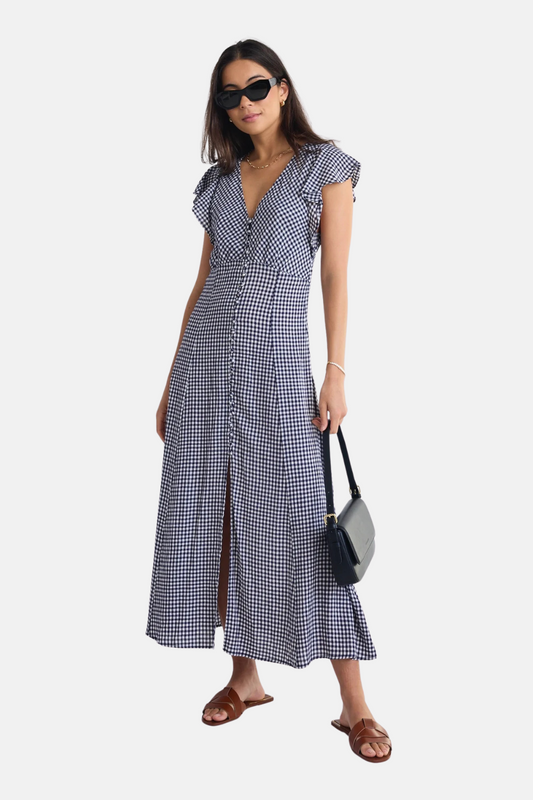 Flawless Navy Gingham Fluted Sleeve Button Front Midi Dress