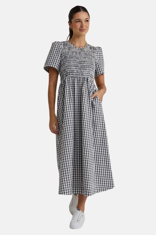 Wren Black Gingham SS Shirred Bodice Midi Dress