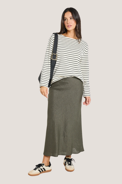 Maple Black Stripe Boatneck LS Top