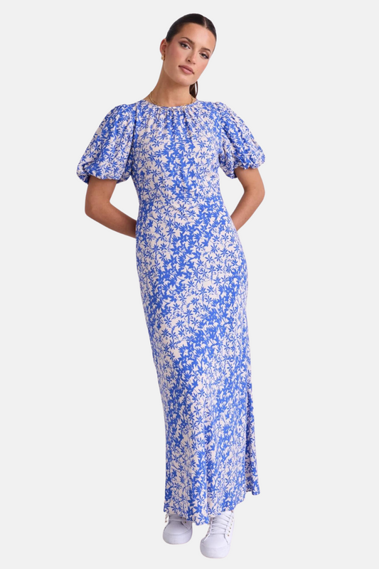 Astrid Blue Floral Puff Sleeve Bias Maxi Dress