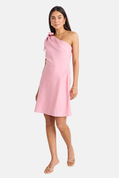 Ecstatic Blush Linen Blend One Shoulder Bow Mini Dress