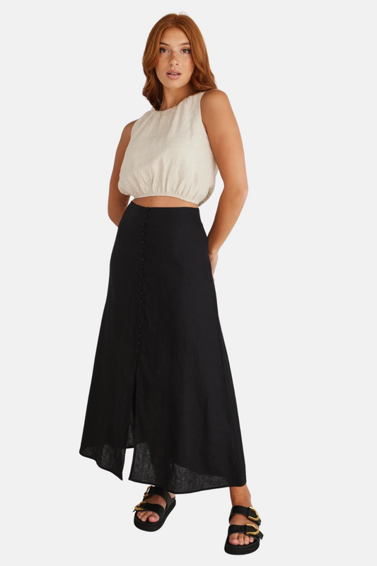 Mercy Black Linen Button Front Aline Skirt