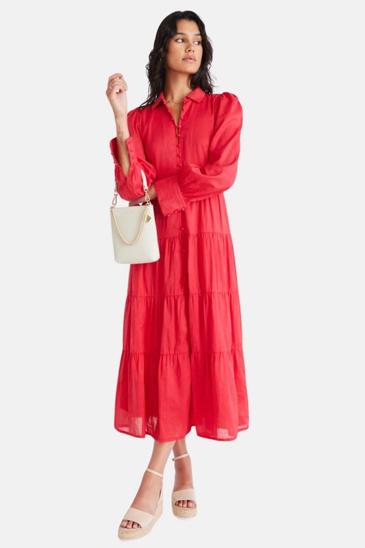 Adair Cherry Linen Blend Tiered Shirt Style Maxi Dress