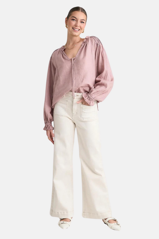 Birch Pink Clay Linen Pintuck Shoulder Tie Neck Top