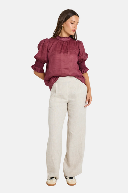 Verse Burgundy Sheer High Neck Short Sleeve Top