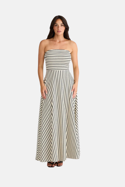 Thandie Strapless Dress | Ecru w Black Stripe