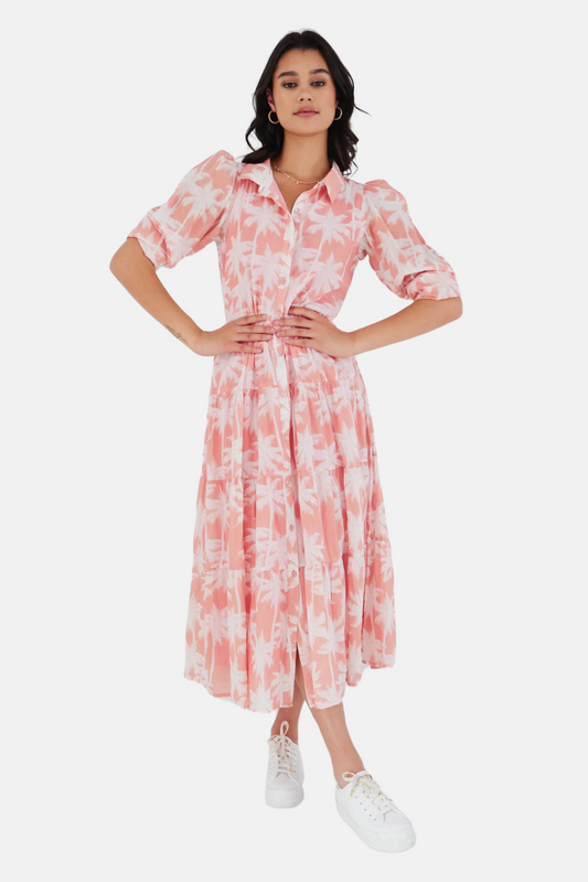 Adair Blush Palms Tiered Shirt Style Maxi Dress