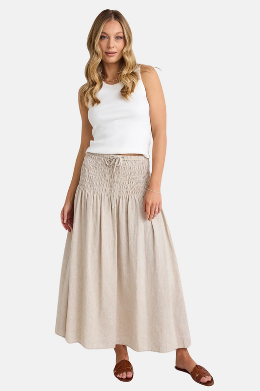 Byron Natural Linen Shirred Waist Maxi Skirt