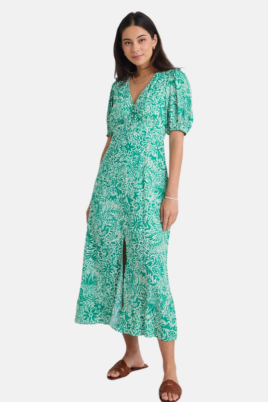 Elemental Green Batik Print Short Sleeve Button Front Midi Dress