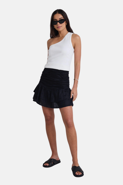 Milo Black Linen Rouched Tiered Mini Skirt | Black