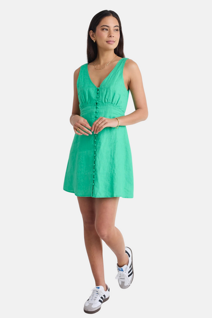 Allora Meadow Green Linen Sleeveless Button Front Mini Dress