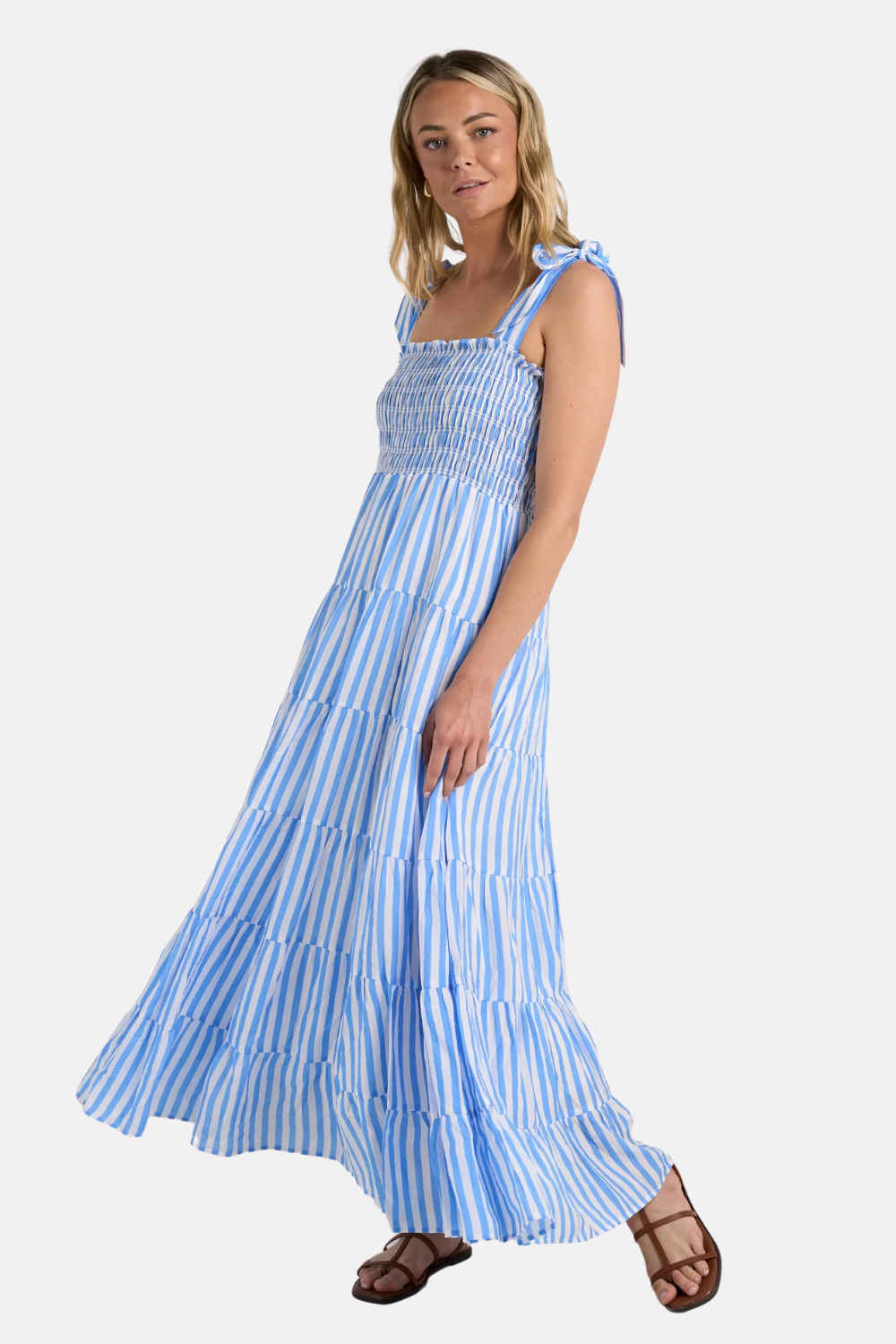 Isabella Blue White Stripe Strappy Tiered Maxi Dress