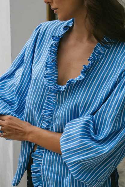 Olive Ruffle Shirt | Ocean Stripe