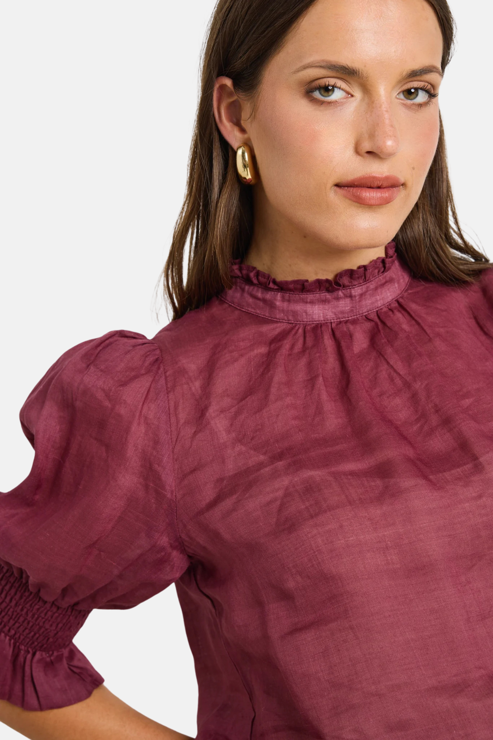 Verse Burgundy Sheer High Neck Short Sleeve Top