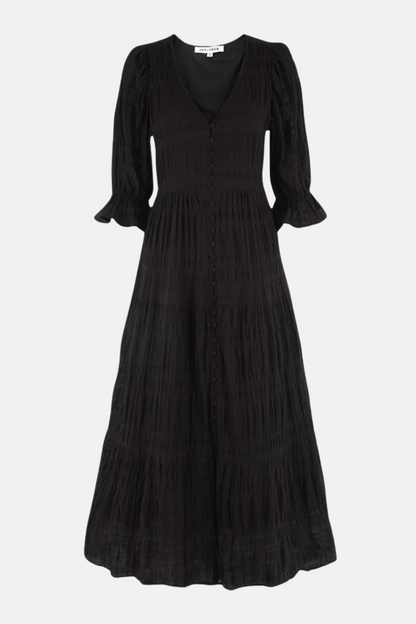 Dreamy Black Bubble SS Button Front Tiered Maxi Dress