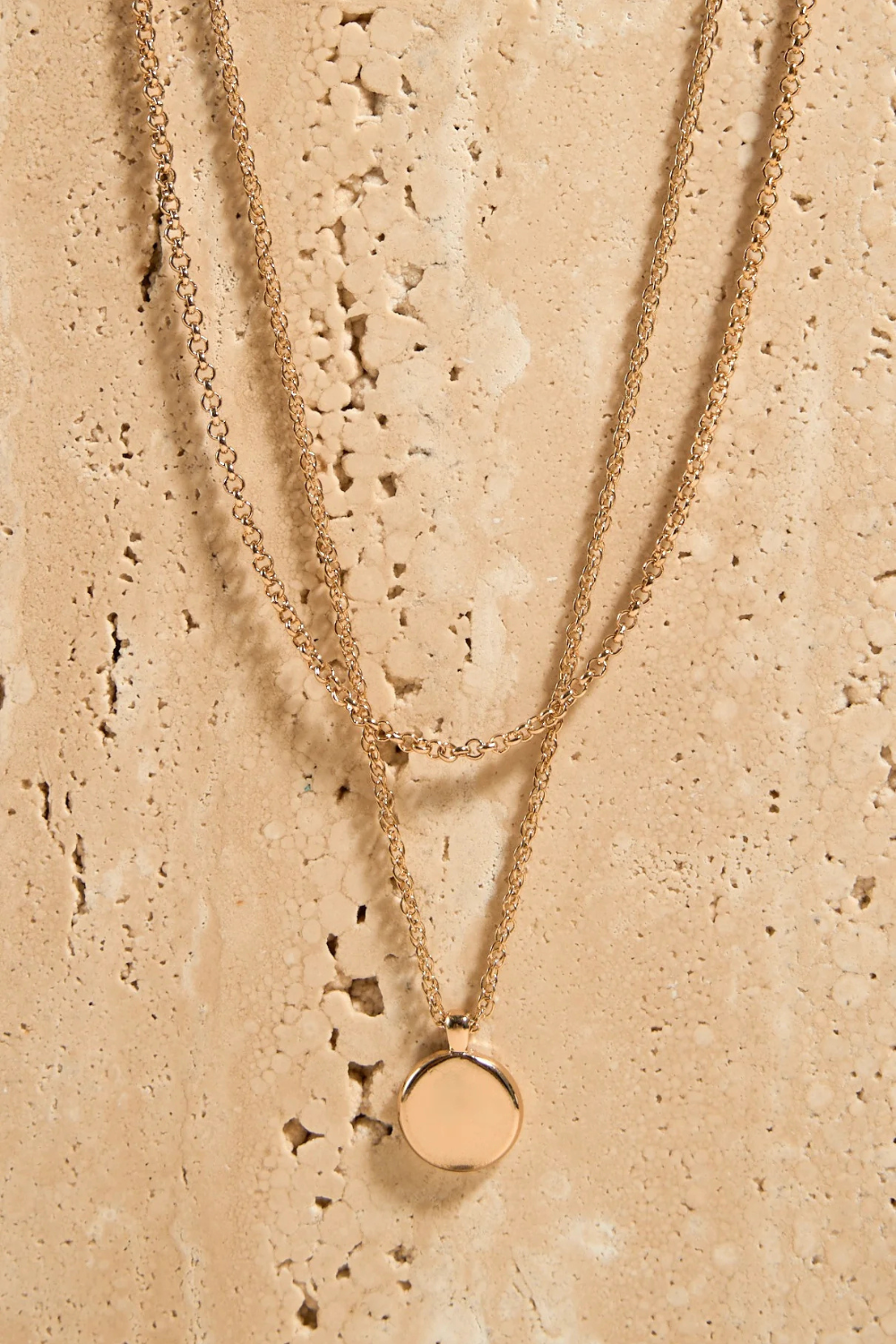 Circle Pendant Double Chain Gold Necklace