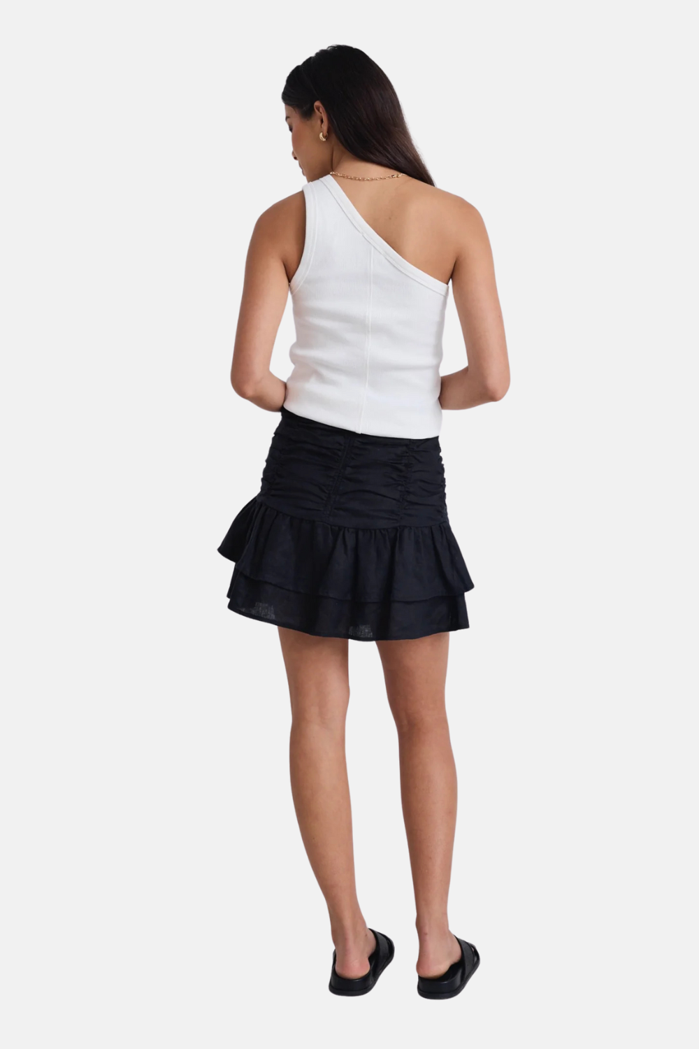 Milo Black Linen Rouched Tiered Mini Skirt | Black