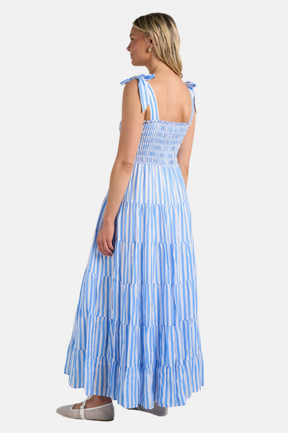 Isabella Blue White Stripe Strappy Tiered Maxi Dress