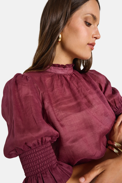 Verse Burgundy Sheer High Neck Short Sleeve Top