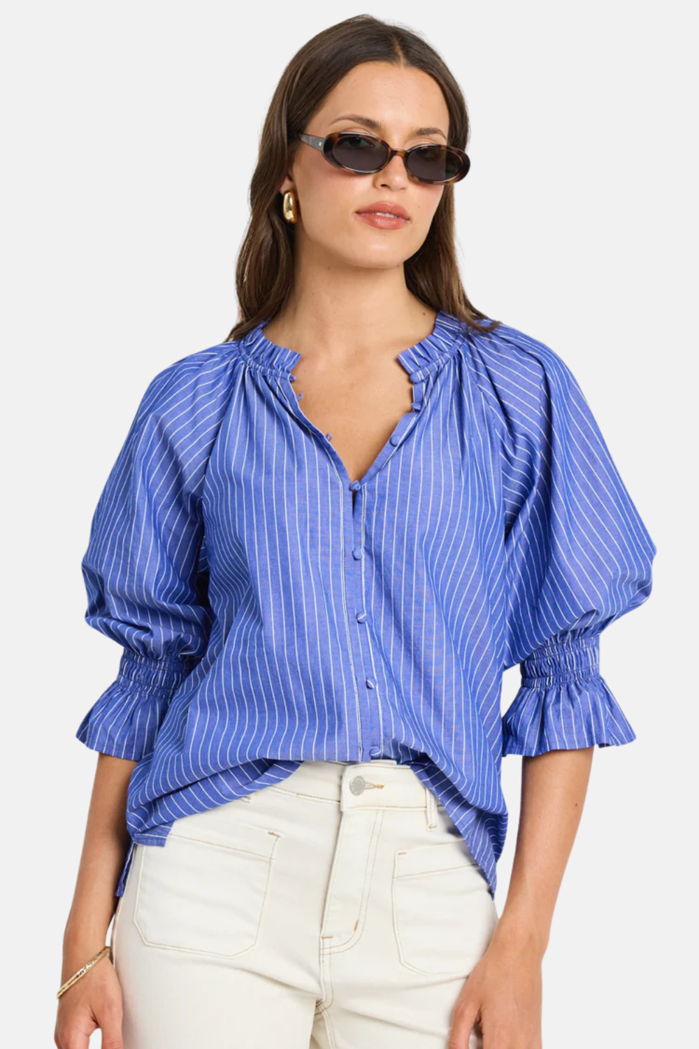 Noetic Dark Blue Stripe Short Sleeve Blouse