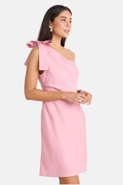 Ecstatic Blush Linen Blend One Shoulder Bow Mini Dress