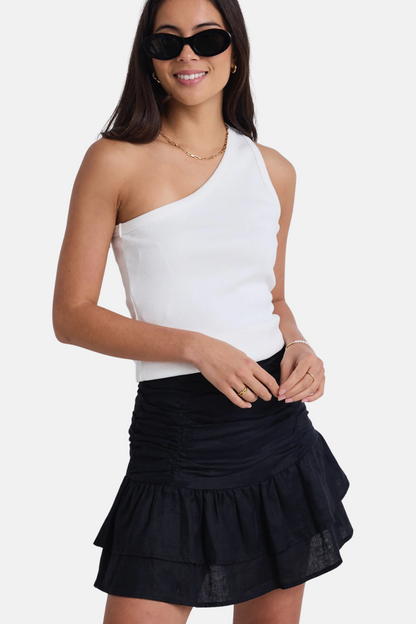 Milo Black Linen Rouched Tiered Mini Skirt | Black