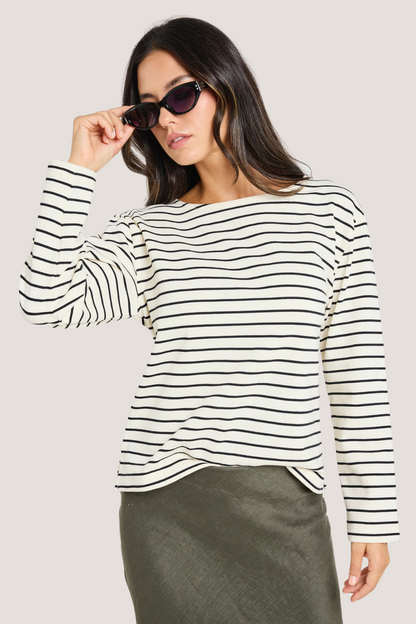 Maple Black Stripe Boatneck LS Top