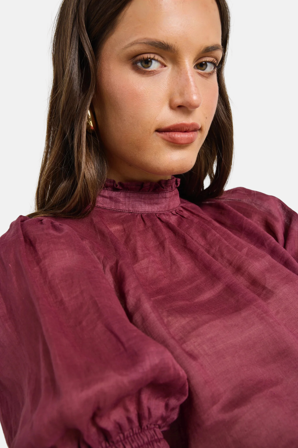 Verse Burgundy Sheer High Neck Short Sleeve Top