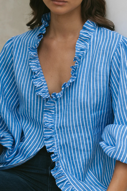 Olive Ruffle Shirt | Ocean Stripe