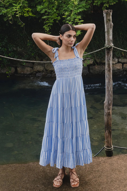 Isabella Blue White Stripe Strappy Tiered Maxi Dress