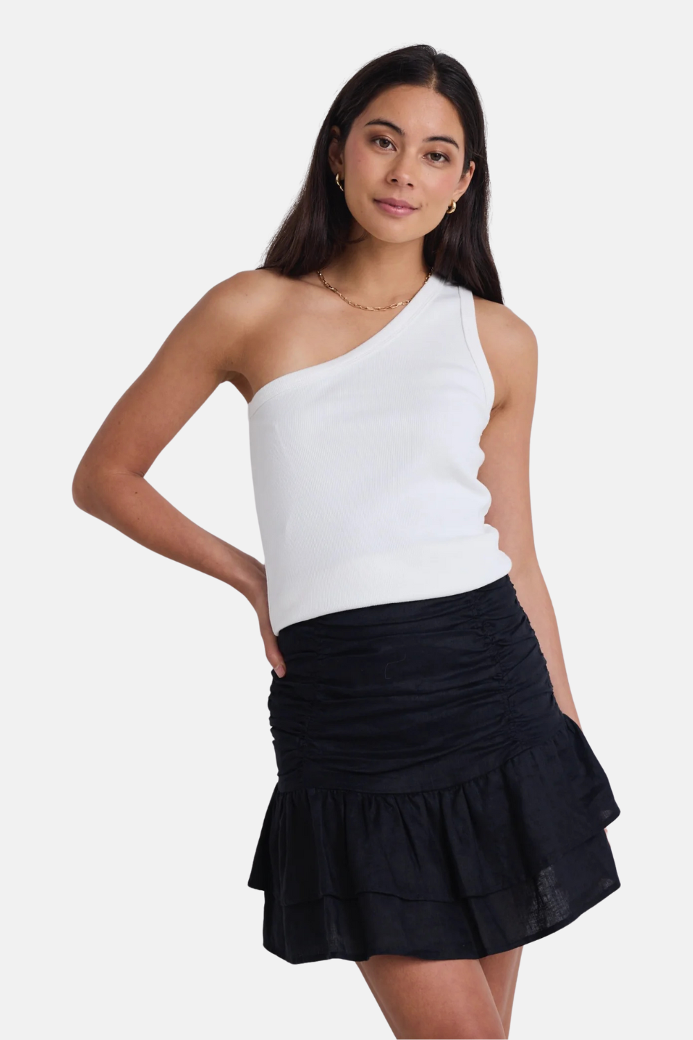 Milo Black Linen Rouched Tiered Mini Skirt | Black