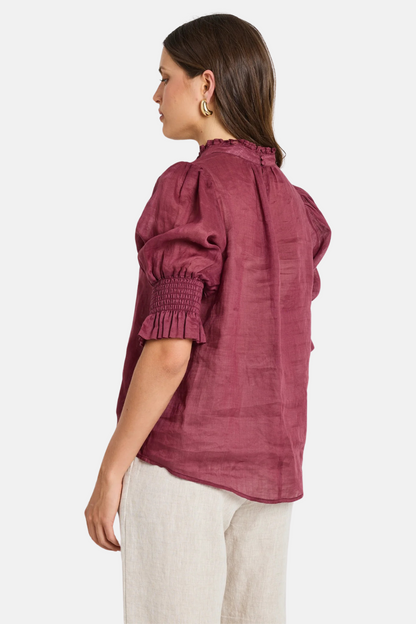 Verse Burgundy Sheer High Neck Short Sleeve Top