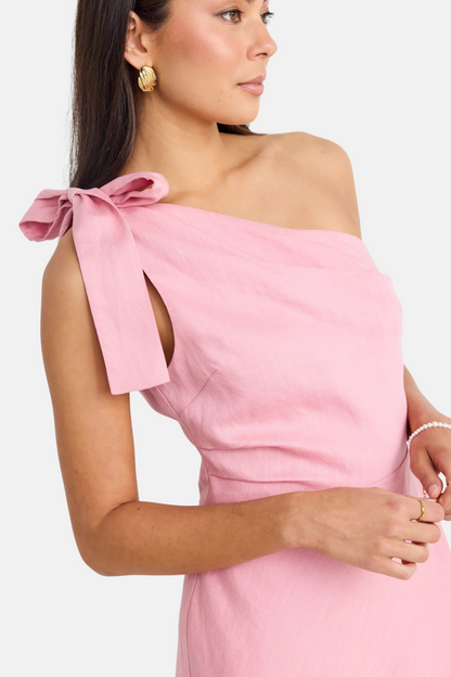 Ecstatic Blush Linen Blend One Shoulder Bow Mini Dress